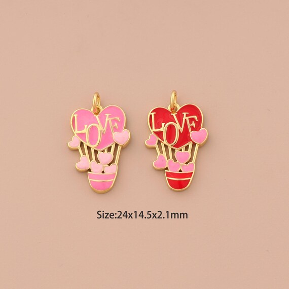 18K Gold Heart Charms,Love Charms Pendants,Enamel Hot Air Balloon Charm for DIY Jewelry Making Supply