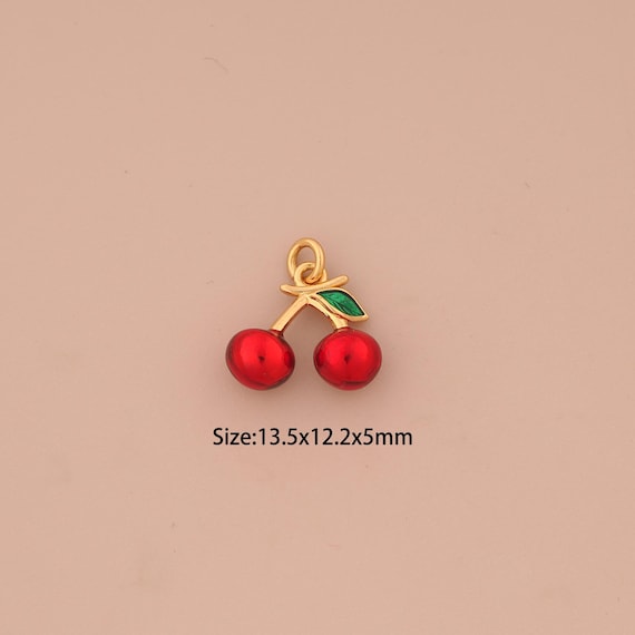 18K Gold Cherry Charms,Enamel Fruit Charms Pendants,Cherry Charm for DIY Jewelry Making Supply