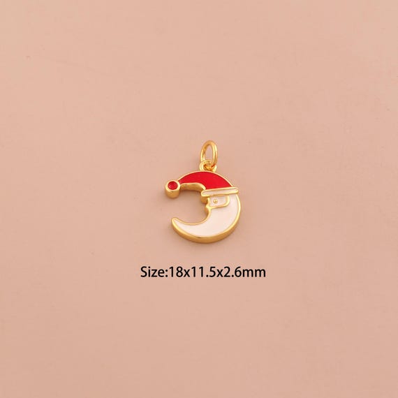 18K Gold Christmas Hat Charms,Christmas Charms Pendants,Enamel Crescent Moon Charm for DIY Jewelry Making Supply