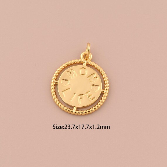 18K Gold MOM LIFE Charms,Round Charms Pendants,Letter Charm for DIY Jewelry Making Supply
