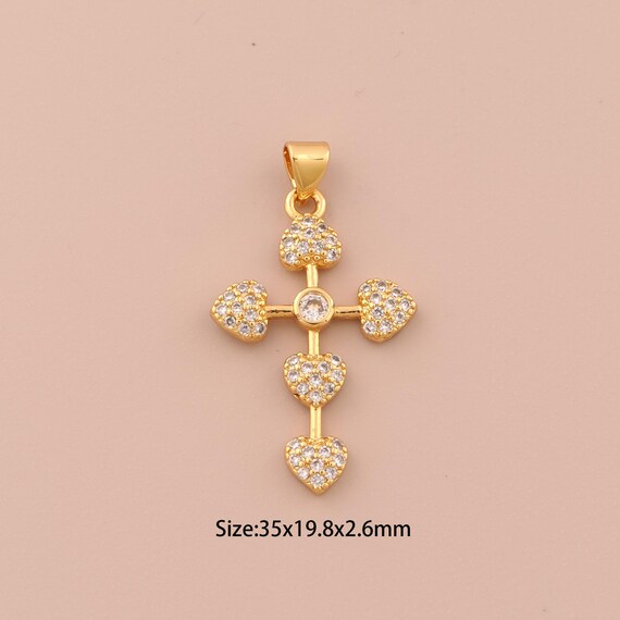 18K Gold Cross Charms,CZ Pave Heart Charms Pendants,Christian Charm for DIY Jewelry Making Supply