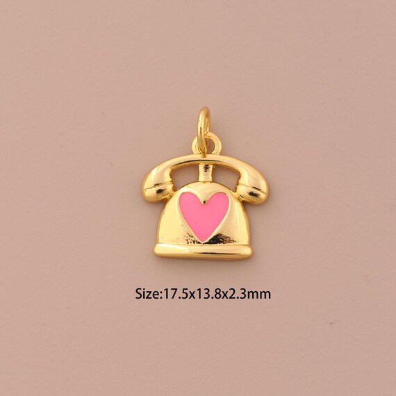 18K Gold Telephone Charms,Enamel Heart Charms Pendants,Telephone Charm for DIY Jewelry Making Supply