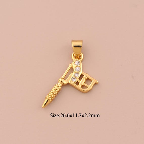 18K Gold Hammer Drill Charms,CZ Pave Weapon Charms Pendants,Hammer Drill Charm for DIY Jewelry Making Supply