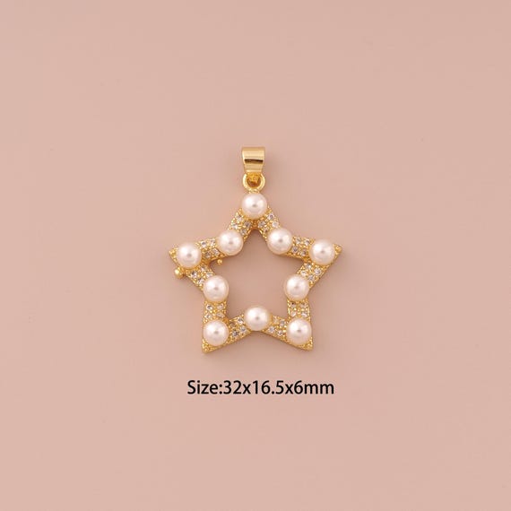18K Gold Star Charms,CZ Pave Minimalist Charms Pendants,Pearl Star Charm for DIY Jewelry Making Supply