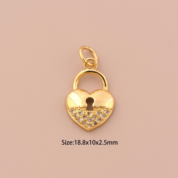 18K Gold Lock Charms,CZ Pave Heart Charms Pendants,Lock Charm for DIY Jewelry Making Supply