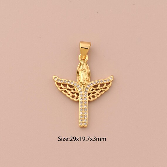 18K Gold Virgin Mary Charms,CZ Pave Wing Charms Pendants,Catholic Charm for DIY Jewelry Making Supply