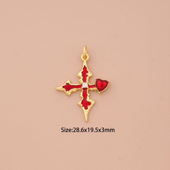 18K Gold Enamel Cross Charms,CZ Pave Religious Charms Pendant,Heart Charm for DIY Jewelry Making Supply