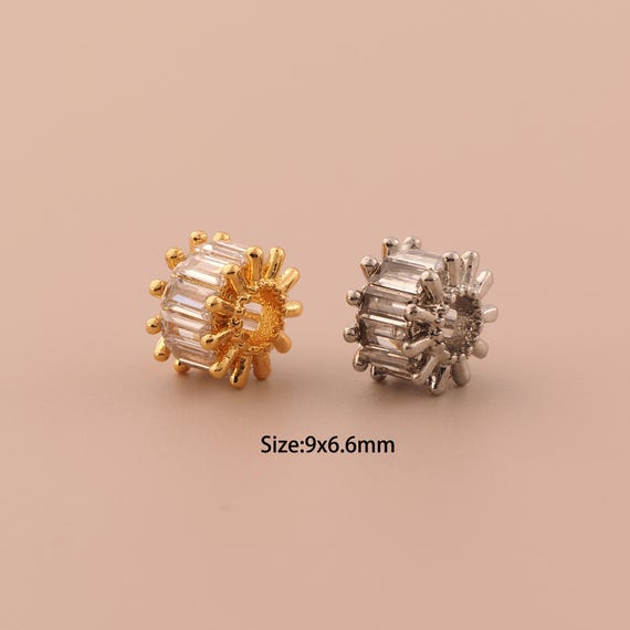 18K Gold Tube Spacer Bead,CZ Pave Minimalist Bead,Large Hole Bead for DIY Jewelry Making Supply