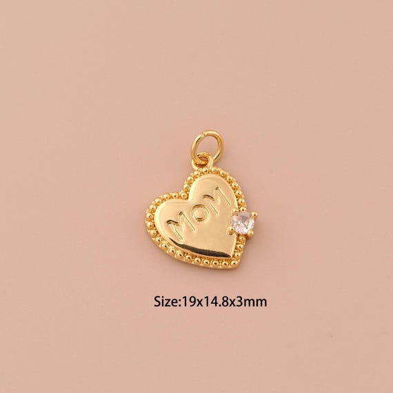 18K Gold Heart Charms,CZ Pave Minimalist Charms Pendants,MOM Charm for DIY Jewelry Making Supply