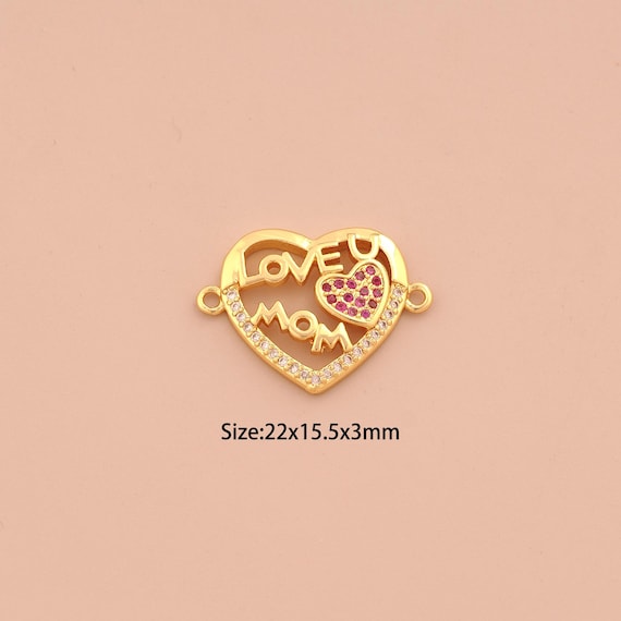 18K Gold MOM Connector,CZ Pave Heart Connector Charms,Letter Connector for DIY Jewelry Making Supply