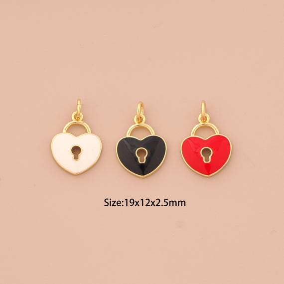 18K Gold Heart Pendant,Enamel Lock Charm,Heart Charm, DIY Jewelry Supplies