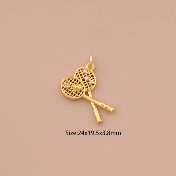 18K Gold Badminton Charms,CZ Pave Sports Charms Pendants,Racket Charm for DIY Jewelry Making Supply