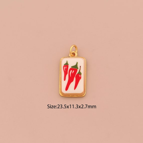18K Gold Chili Charms,Enamel Pepper Charms Pendants,Square Charm for DIY Jewelry Making Supply