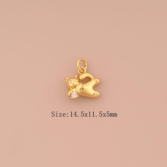 18K Gold Cat Charms,CZ Pave Animal Charms Pendants,Cat Charm for DIY Jewelry Making Supply