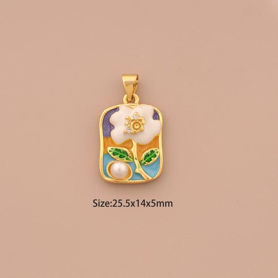 18K Gold Flower Charms,CZ Pave Square Charms Pendants,Enamel Flower Charm for DIY Jewelry Making Supply