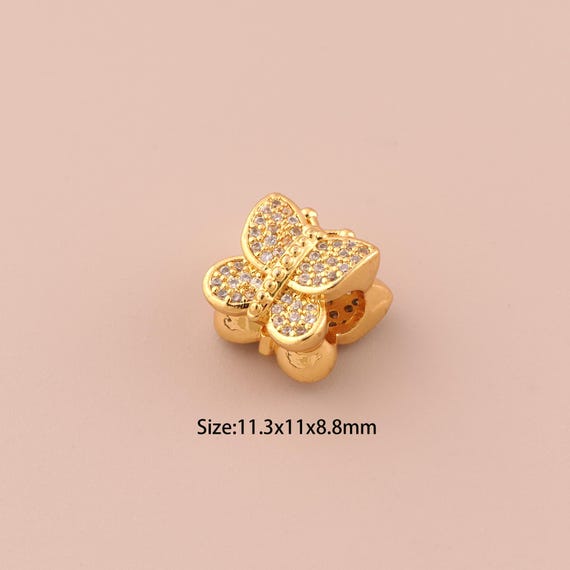 18K Gold Butterfly Spacer Bead,CZ Pave Butterfly Bead,Butterfly Bead for DIY Jewelry Making Supply