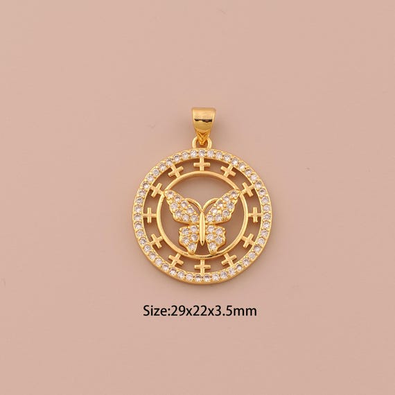 18K Gold Butterfly Charms,CZ Pave Insect Charms Pendants,Round Charm for DIY Jewelry Making Supply