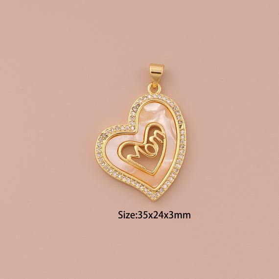 18K Gold Heart Charms,CZ Pave Minimalist Charms Pendants,Fritillary MOM Charm for DIY Jewelry Making Supply