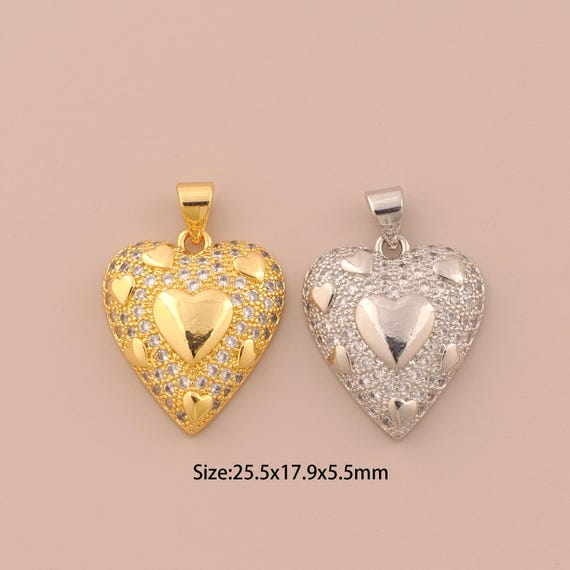 18K Gold Heart Charms,CZ Pave Heart Charms Pendants,Heart Charm for DIY Jewelry Making Supply