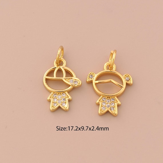 18K Gold Character Charms,CZ Pave Girl Charms Pendants,Boy Charm for DIY Jewelry Making Supply