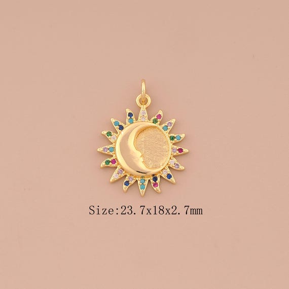 18K Gold Sun Charms,CZ Pave Moon Face Charms Pendants,Celestial Charm for DIY Jewelry Making Supply