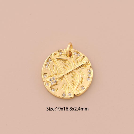 18K Gold Bow And Arrow Charms,CZ Pave Round Charms Pendants, Bow And Arrow Charm for DIY Jewelry Making Supply
