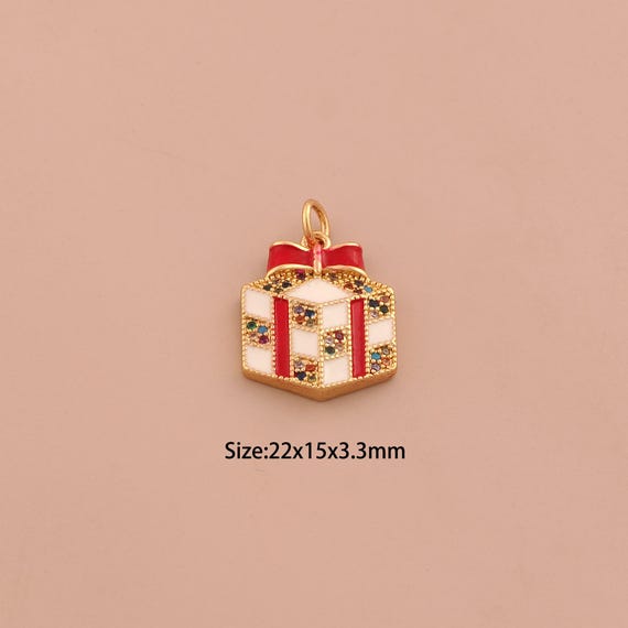 18K Gold Christmas Gift Box Charms,CZ Pave Christmas Charms Pendants,Enamel Gift Box Charm for DIY Jewelry Making Supply