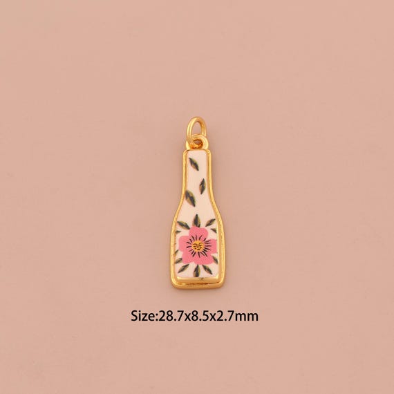 18K Gold Wine Charms,Enamel Wine Bottle Charms Pendants,Flower Charm for DIY Jewelry Making Supply