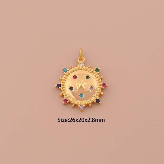 18K Gold Star Charms,CZ Pave Round Charms Pendants,Starburst Charm for DIY Jewelry Making Supply