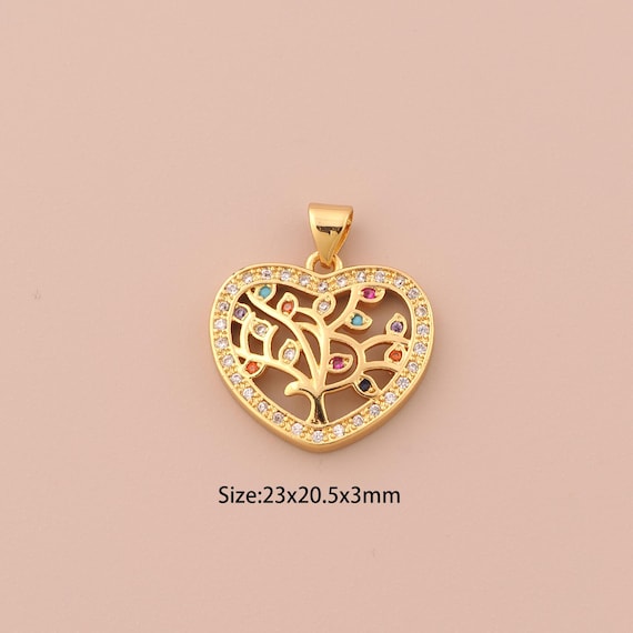 18K Gold Tree of Life Charms,CZ Pave Heart Charms Pendants,Plant Charm for DIY Jewelry Making Supply