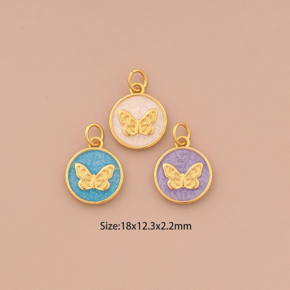 18K Gold Butterfly Charms,Insect Charms Pendants,Enamel Round Charm for DIY Jewelry Making Supply