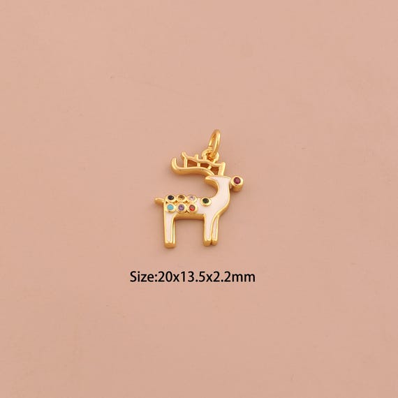 18K Gold Christmas Deer Charms,CZ Pave Christmas Charms Pendants,Enamel Animal Charm for DIY Jewelry Making Supply