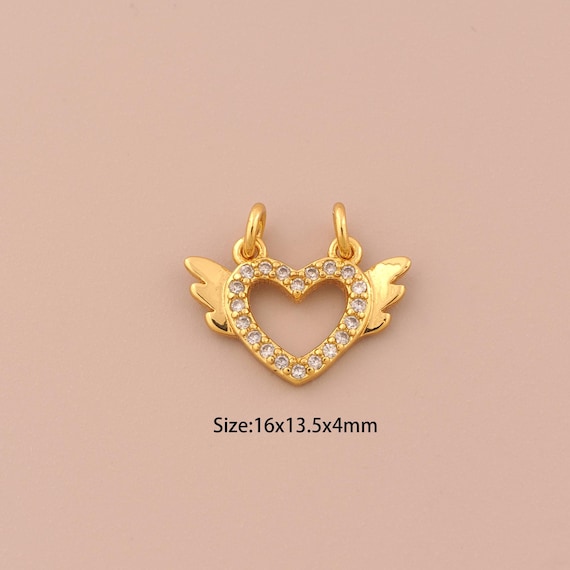 18K Gold Heart Charms,CZ Pave Wing Charms Pendants,Heart Charm for DIY Jewelry Making Supply