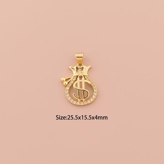 18K Gold Money Bag Charms,CZ Pave Minimalist Charms Pendants,Money Bag Charm for DIY Jewelry Making Supply