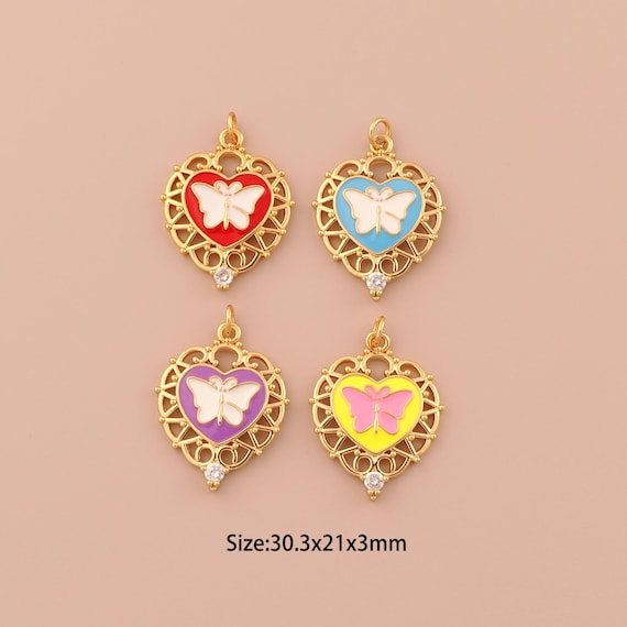 18K Gold Butterfly Charms,Enamel Minimalist Charms Pendants,Heart Charm for DIY Jewelry Making Supply