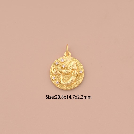 18K Gold Mermaid Charms,CZ Pave Fantasy Creature Charms Pendants,Round Charm for DIY Jewelry Making Supply