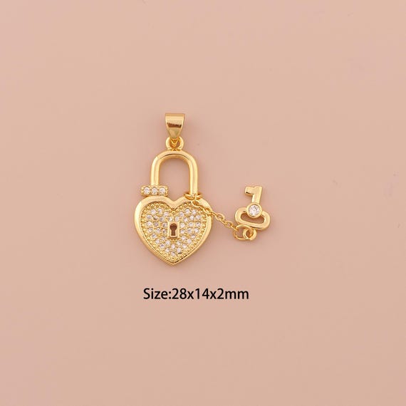 18K Gold Heart Charms,CZ Pave Key Charms Pendants,Lock Charm for DIY Jewelry Making Supply