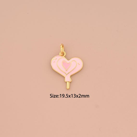 18K Gold Heart Pendant,Enamel Lollipop Charm,Heart Charm, DIY Jewelry Supplies