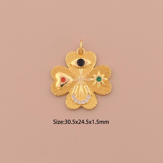 18K Gold Lucky Grass Charms,CZ Pave Evil Eye Charms Pendants,Heart Star Charm for DIY Jewelry Making Supply
