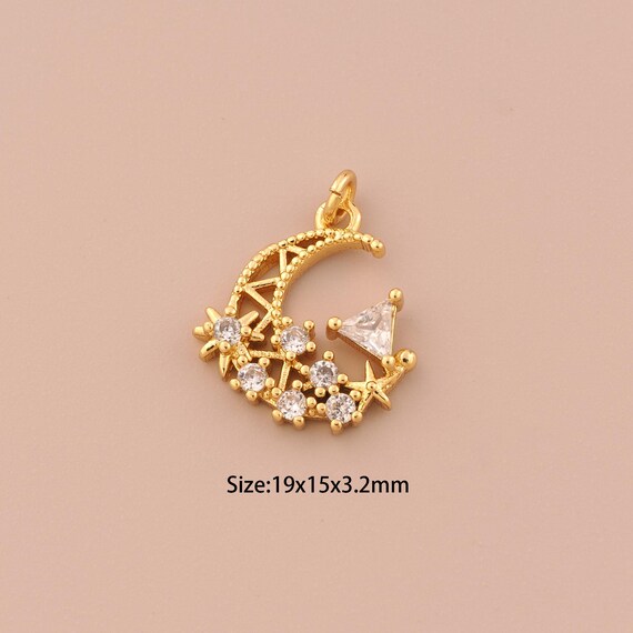 18K Gold Moon Charms,CZ Pave Star Charms Pendants,Moon Charm for DIY Jewelry Making Supply
