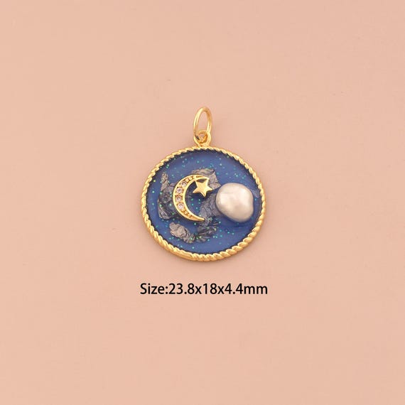 18K Gold Moon Star Charms,CZ Pave Celestial Charms Pendants,Enamel Round Charm for DIY Jewelry Making Supply