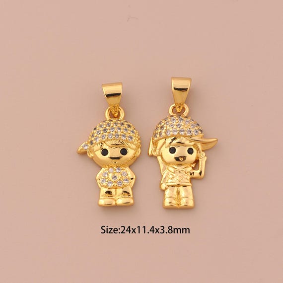 18K Gold Character Charms,CZ Pave Girl Charms Pendants,Boy Charm for DIY Jewelry Making Supply