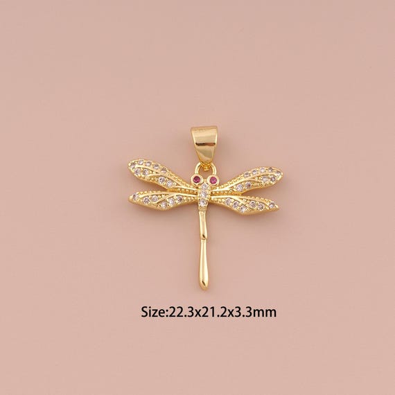 18K Gold Dragonfly Charms,CZ Pave Minimalist Charms Pendants,Dragonfly Charm for DIY Jewelry Making Supply