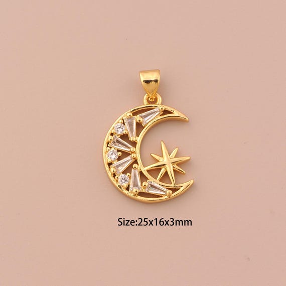 18K Gold Moon Charms,CZ Pave Minimalist Charms Pendants,Star Charm for DIY Jewelry Making Supply