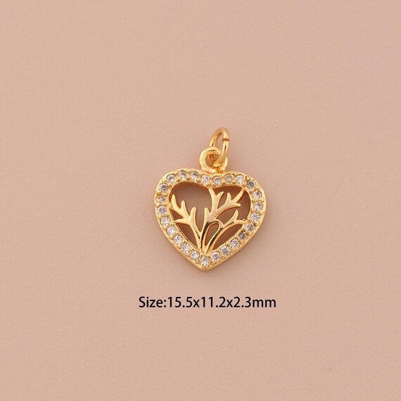 18K Gold Tree of Life Charms,CZ Pave Heart Charms Pendants,Tree Charm for DIY Jewelry Making Supply