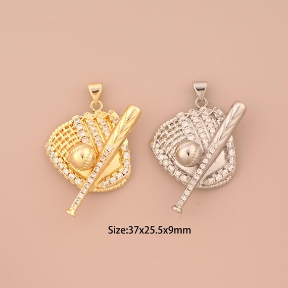 18K Gold Baseball Bat Charms,CZ Pave Baseball Charms Pendants,Baseball Glove Charm for DIY Jewelry Making Supply