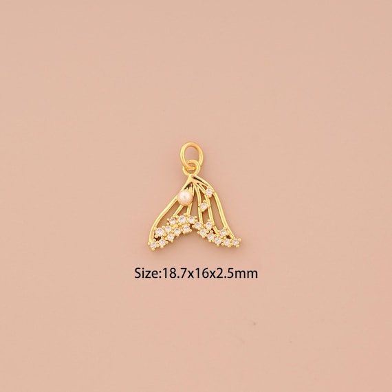 18K Gold Fishtail Charms,CZ Pave Fishtail Charms Pendants,Fishtail Charm for DIY Jewelry Making Supply