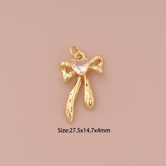 18K Gold Bow Charms,CZ Pave Minimalist Charms Pendants,Bow Charm for DIY Jewelry Making Supply
