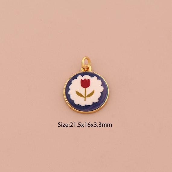 18K Gold Flower Charms,Enamel Round Charms Pendants,Flower Charm for DIY Jewelry Making Supply