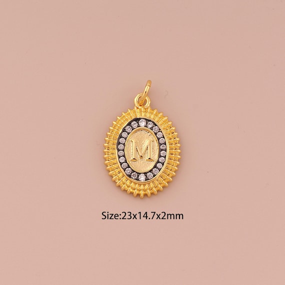 18K Gold M Charms,CZ Pave Minimalist Charms Pendants,Oval Charm for DIY Jewelry Making Supply